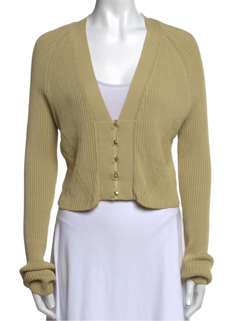 cult gaia green Cropped Ribbed V-Neck Cardigan